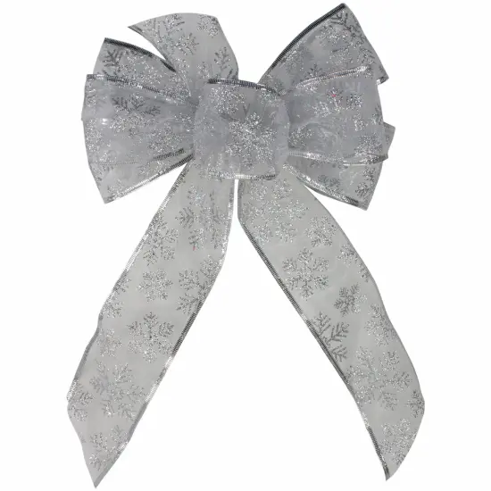 Northlight Glitter Snowflake 6-Loop Sheer Christmas Bow Decoration - 9" x 14" - Silver White {1}
