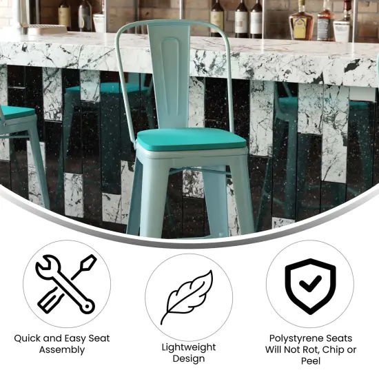 Emma and Oliver Nova Distressed Metal Stools with Backs and Polystyrene Seats for Indoor/Outdoor Use MintGreen/MintGreen {2}