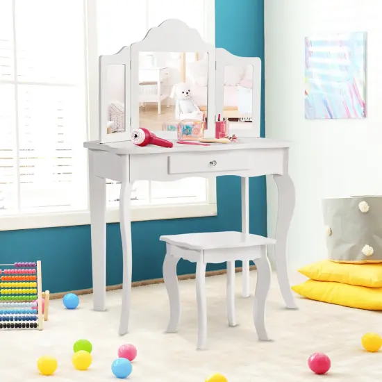 Kids Makeup Dressing Mirror Vanity Table Stool Set White {2}