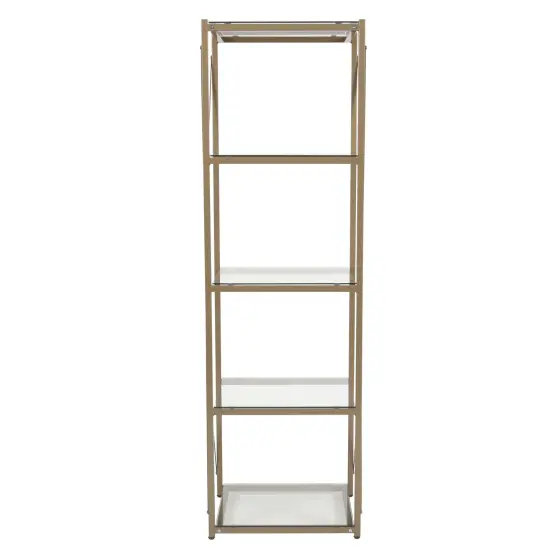 Merrick Lane Doniphan 64" Modern Bookshelf Glass 4-Shelf Bookcase with Powder Coated Cross Braced Frame Clear/Matte Gold {3}
