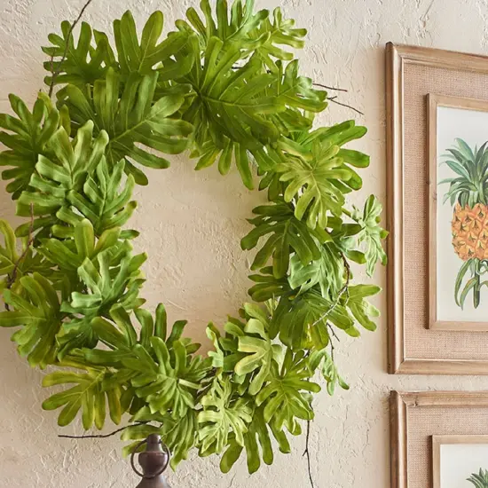 Raz Philodendron Leaves and Twigs Artificial Tropical Wreath - 26" - Unlit Green {3}