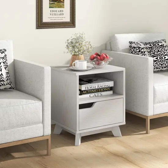 Costway 1/2 PCS Nightstand Sofa Side End Table with Storage Shelf & Drawer Space-Saving White {4}