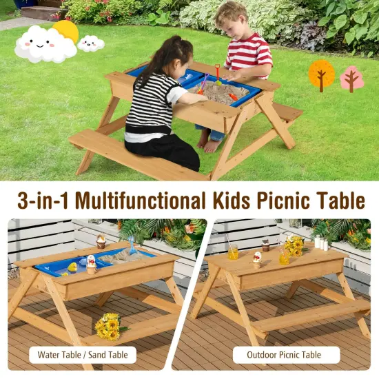 3-in-1 Kids Picnic Table Wooden Outdoor Water Sand Table with Play Boxes {3}