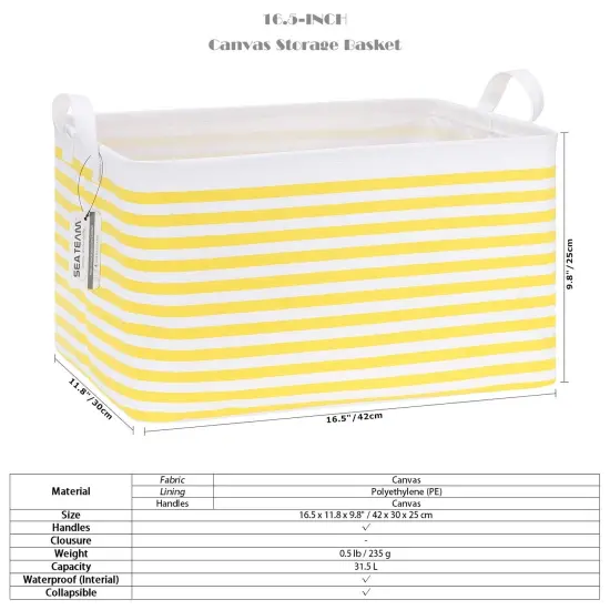 Sea Team Collapsible Canvas Fabric Storage Basket with Handles, Rectangle Waterproof Storage Bin, Box, Cube, Foldable Shelf Basket, Closet Organizer, 16.5 x 11.8 x 9.8 Inches, Yellow Stripe {2}