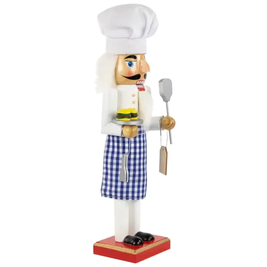 Nutcracker Factory 14" White and Blue Chef with Gingham Apron Wooden Christmas Nutcracker {5}