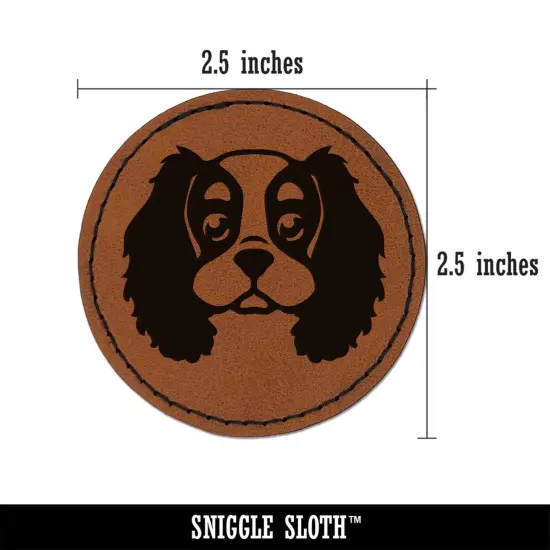 Cartoon Cavalier King Charles Spaniel Head Round Iron-On Engraved Faux Leather Patch Applique - 2.5" Brown {3}