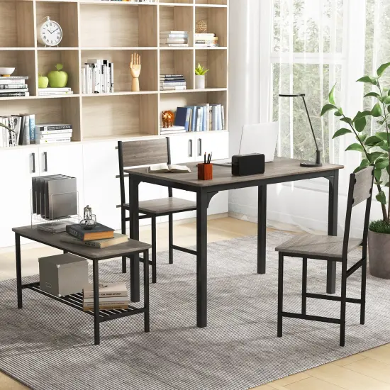4 Pieces Rustic Dining Table Set with 2 Chairs and Bench Grey {2}