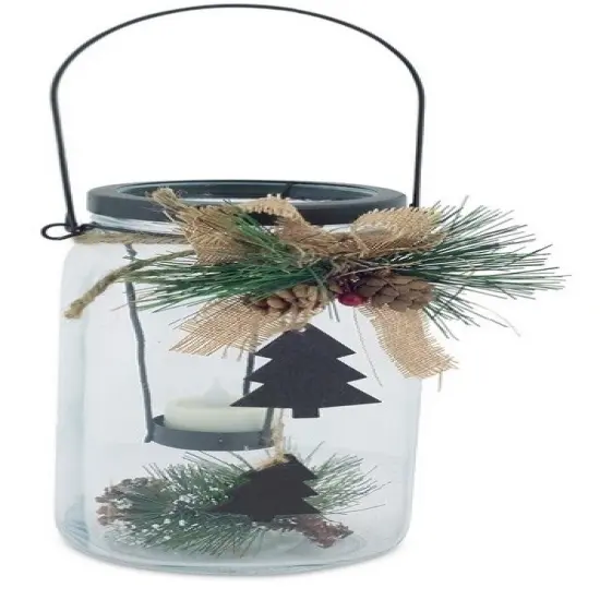 Melrose 9.75" Country Cabin Glass Jar with Dangling Tree Accent Christmas Tea Light Candle Holder Clear {1}
