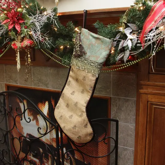 CC Christmas Decor 27" Tortilla Brown and Sage Green Embroidered Patina Jacquard Christmas Stocking {3}