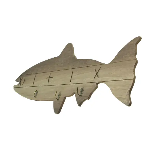 Distressed Wooden Fish Shaped 3 Hook Hanging Wall Rack 27.5 Inches Long {3}