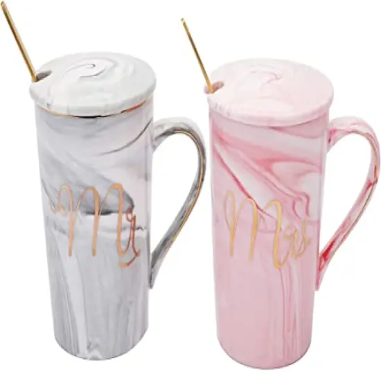 13.5 Oz Mr and Mrs Coffee Mugs, Wedding Gifts for Couple/Bride and Groom, Ceramic Marble Cups for Bridal Shower Engagement Wedding, Married Couples Anniversary {4}