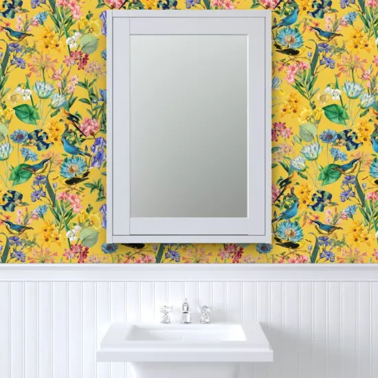 Peel & Stick Wallpaper 2FT Wide Rainforest Jungle Yellow Hand Drawn Botanical Tropical Birds Custom Removable Wallpaper by Spoonflower {6}