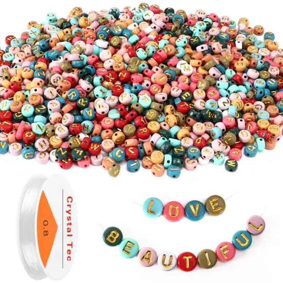 1900 Pieces Colored Letter Beads, 4&times;7mm Colorful Gold Acrylic Alphabet Beads with 1 Roll Elastic String for Bracelet Necklace Jewelry Making Supplies {1}