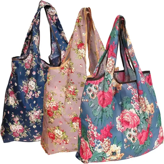Wrapables Large Foldable Tote Nylon Reusable Grocery Bag, 3 Pack Flower Bouquet {1}
