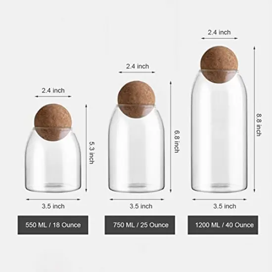MOLFUJ 550ML/18Oz Glass Storage Container with Ball Cork, Cute Decorative Organizer Bottle Canister Jar with Air Tight Wood Lid for Food, Coffee, Candy, Bathroom Apothecary Cotton Swab Qtip Holder {2}
