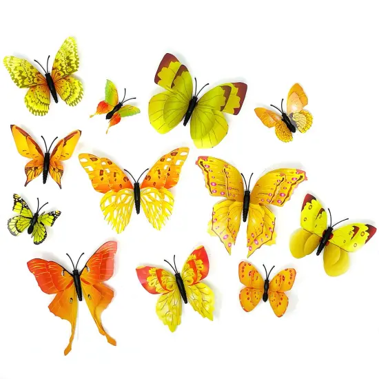 Wrapables 3D Double Wings Butterfly Decorative Wall Decor Stickers, Decals for Bedroom (24 pcs) Yellow {1}