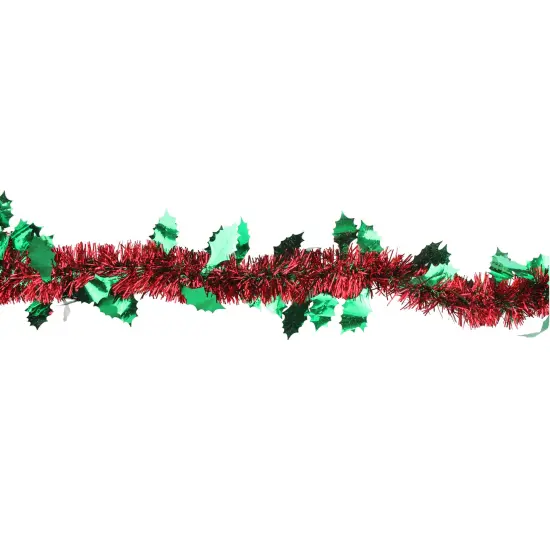 Northlight Shiny Tinsel Commercial Christmas Garland with Holly 50' - Red and Green - Unlit {3}