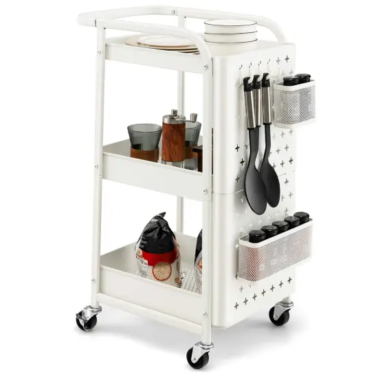 3-Tier Utility Storage Cart with DIY Pegboard Baskets and 4 Hanging Hooks for Any Room White {6}