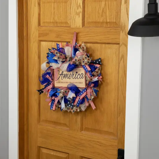 Northlight Stars and Stripes "America, God Shed His Grace on Thee" Patriotic Bow Wreath - 18" Blue {4}