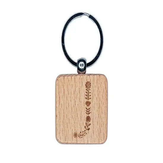 Elegant Botanical Floral Letter J Engraved Wood Square Keychain Tag Charm {1}
