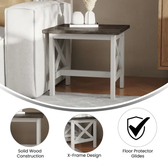 Merrick Lane Matty Rustic End Table, Farmhouse Style Solid Wood Accent Table AcaciaGry/RusticWht {2}
