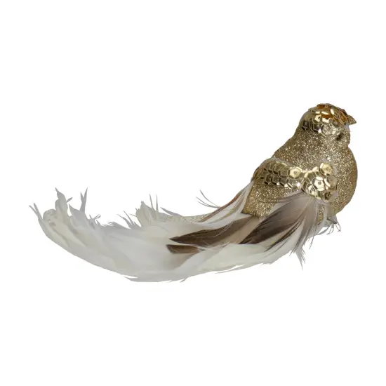 Northlight Sequins and Glitter Bird with Tail Clip On Christmas Ornament - 6" - Gold and White {6}