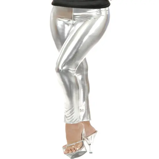 Womens50s or 80s Dance Crew Silver Lame Liquid Metal Leggings {1}