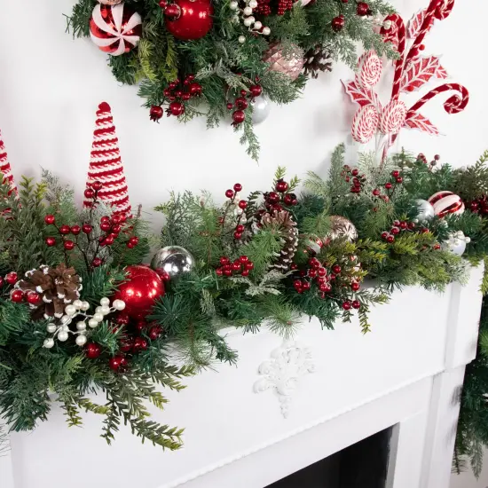 Northlight Pre-Decorated Ornaments and Pinecones Artificial Christmas Garland - 7' x 14" - Unlit Red {4}