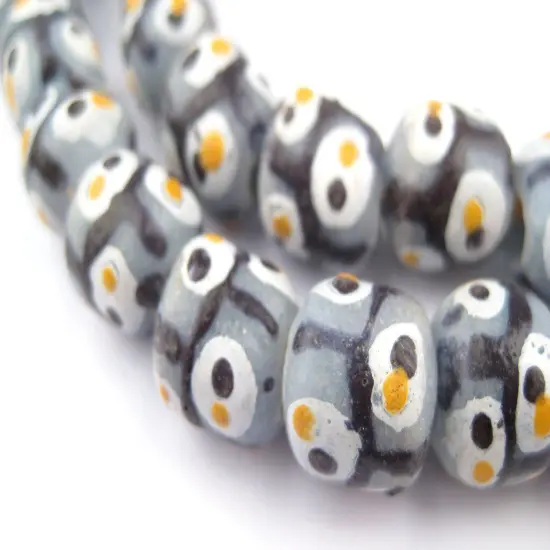 The Bead Chest Grey Eye Round Krobo Beads 12mm Ghana African Glass Large Hole 26 Inch Strand Handmade {1}