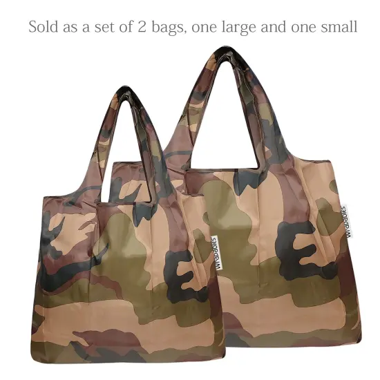 Wrapables Large & Small Foldable Tote Nylon Reusable Grocery Bags, Set of 2 Camo {3}