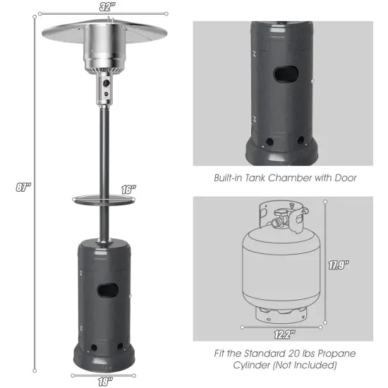 Outdoor Heater Propane Standing LP Gas Steel with Table & Wheels Grey {4}