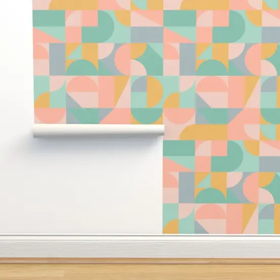 Peel & Stick Wallpaper 2FT Wide Pastel Mod Mint Retro Abstract Gold Green Mcm Blush Pink Shapes Vintage Style Custom Removable Wallpaper by Spoonflower {2}