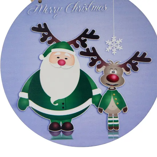 Northlight Santa and Reindeer "Merry Christmas" Disc Ornament - 8" - Blue and Green {5}