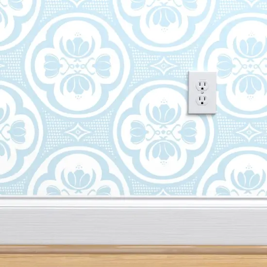 Pre-Pasted Wallpaper 2FT Wide Pastel Blue Floral Damask Quatrefoil Light White Traditional Tulip Flowers Custom Pre-pasted Wallpaper by Spoonflower {4}