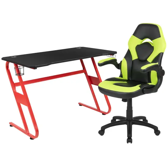 Emma and Oliver Gaming Desk and Racing Chair Set with Cup Holder and Headphone Hook White {6}