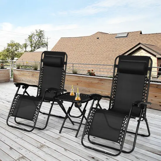 3 Pieces Folding Portable Zero Gravity Reclining Lounge Chairs Table Set Black {6}