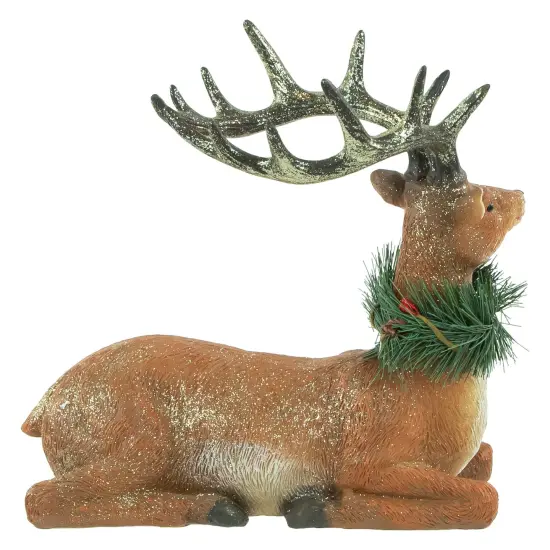 Northlight Glittered Sitting Deer with Pine Neck Wreath Christmas Decoration - 10" Brown {6}