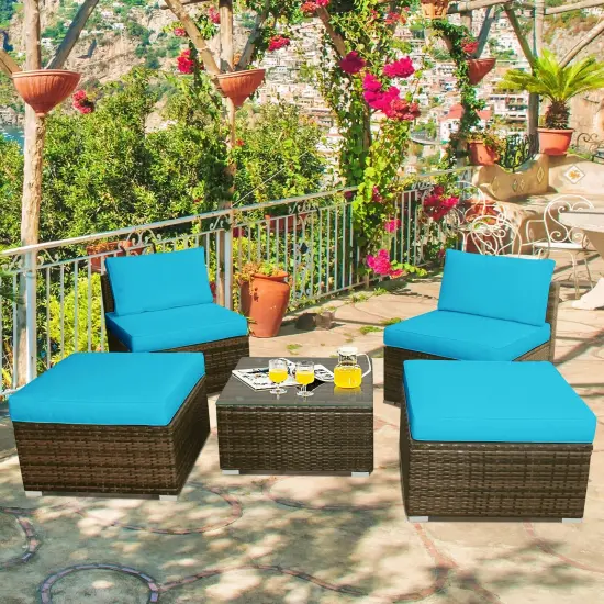 5 Pieces Patio Rattan Furniture Set With Cushioned Armless Sofa Turquoise {2}