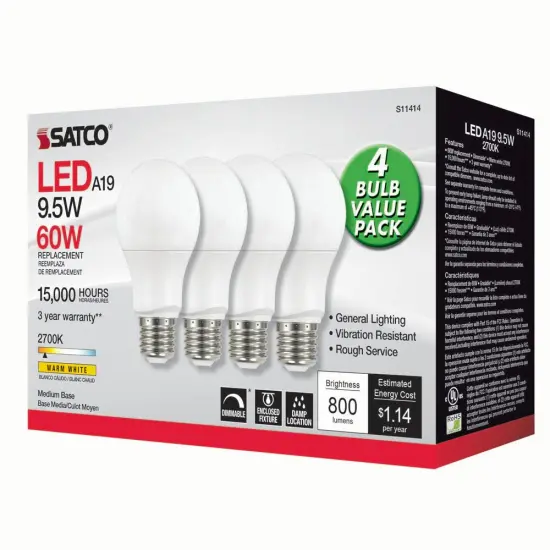 4Pk - Satco 9.5w 120v A19 LED Bulb E26 Medium Base 2700k Warm White - 60w-equiv {3}