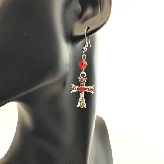 Red Rhinestone Gothic Cross Earrings {4}
