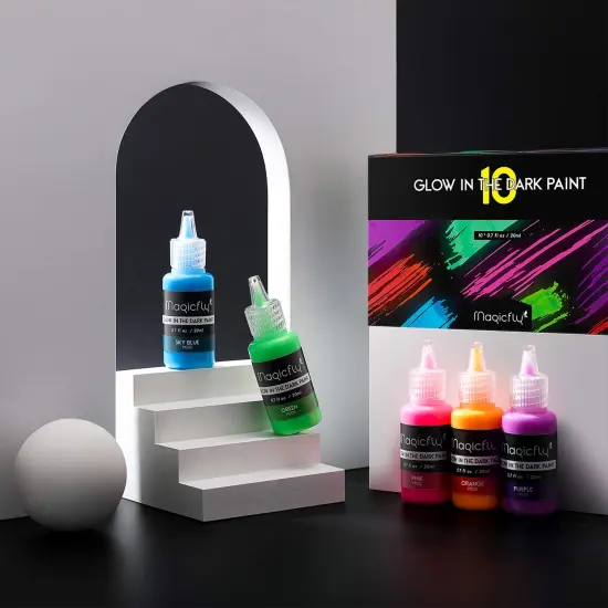 10 Bright Colors Acrylic Glow in The Dark Paint,Liquid Luminous Paint, Neon Paints Glow in Dark for Painting, Halloween Decoration, DIY Crafts, 20 ml Each {3}