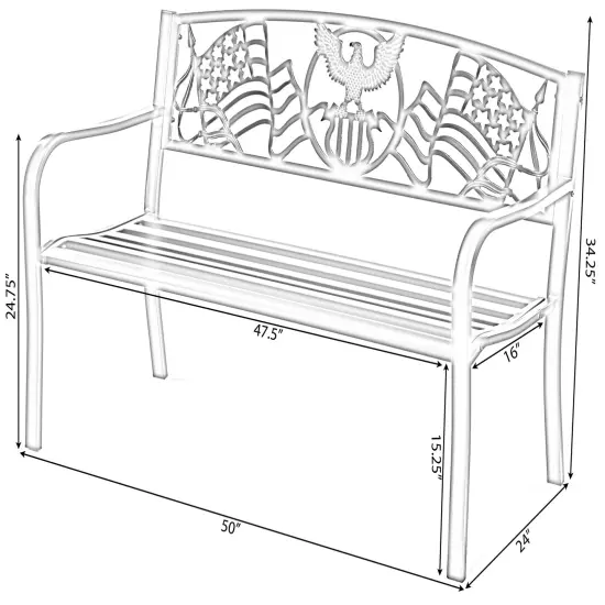 Steel Outdoor Patio Garden Park Seating Bench with Cast Iron Patriotic American Flag and Eagle Backrest, Front Porch Yard Bench Lawn Decor {6}