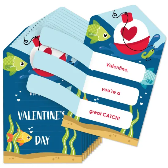 Big Dot of Happiness Let's Go Fishing - Fish Cards for Kids - Happy Valentine's Day Pull Tabs - Set of 12 {1}