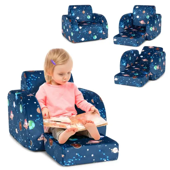 3-in-1 Convertible Kid Sofa Bed Flip-Out Chair Lounger for Toddler Blue {3}