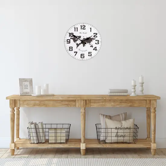 Northlight 12" White and Black Battery Operated Round Wall Clock with Continent Design {3}