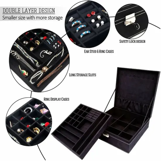 Kitcheniva Two Layer Lint Large Jewelry Box Organizer Display with Lock Black {3}