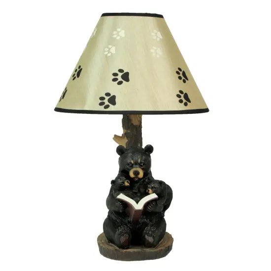Black Bear Reading to Curious Cubs Table Lamp w/Paw Print Shade {3}