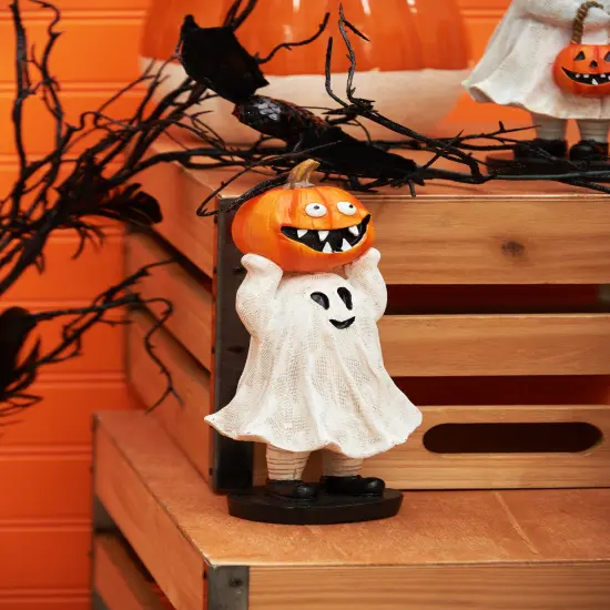 3.35" Kid Ghost Costume Holding Jack-O-Lantern Cute Halloween Figurine {3}