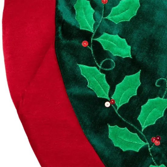 Northlight 48" Dark Green Holly and Berry Velveteen Christmas Tree Skirt {6}