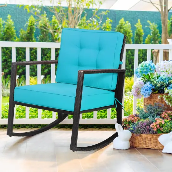 Patio Rattan Rocker Outdoor Glider Rocking Chair Cushion Lawn Turquoise {2}
